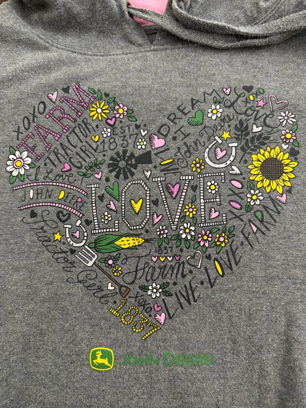 John Deere Gray Hoodie with Colorful Heart Graphic - Picture 6 of 6